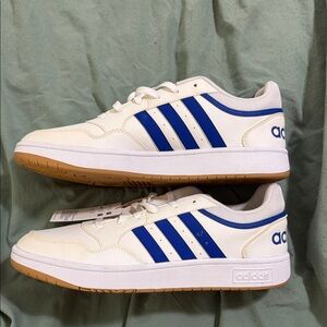 Adidas Men's Hoops 3.0 White and Blue Striped Sneakers